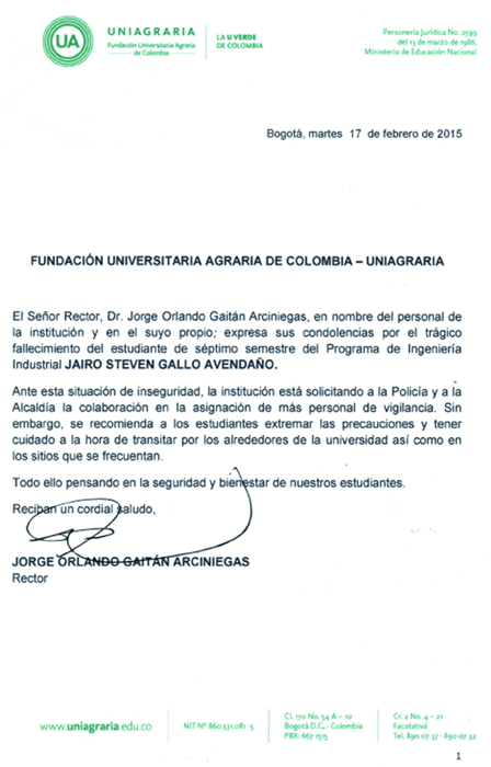 Comunicado del Rector, manifestando condolencias a la familia Gallo Avendaño