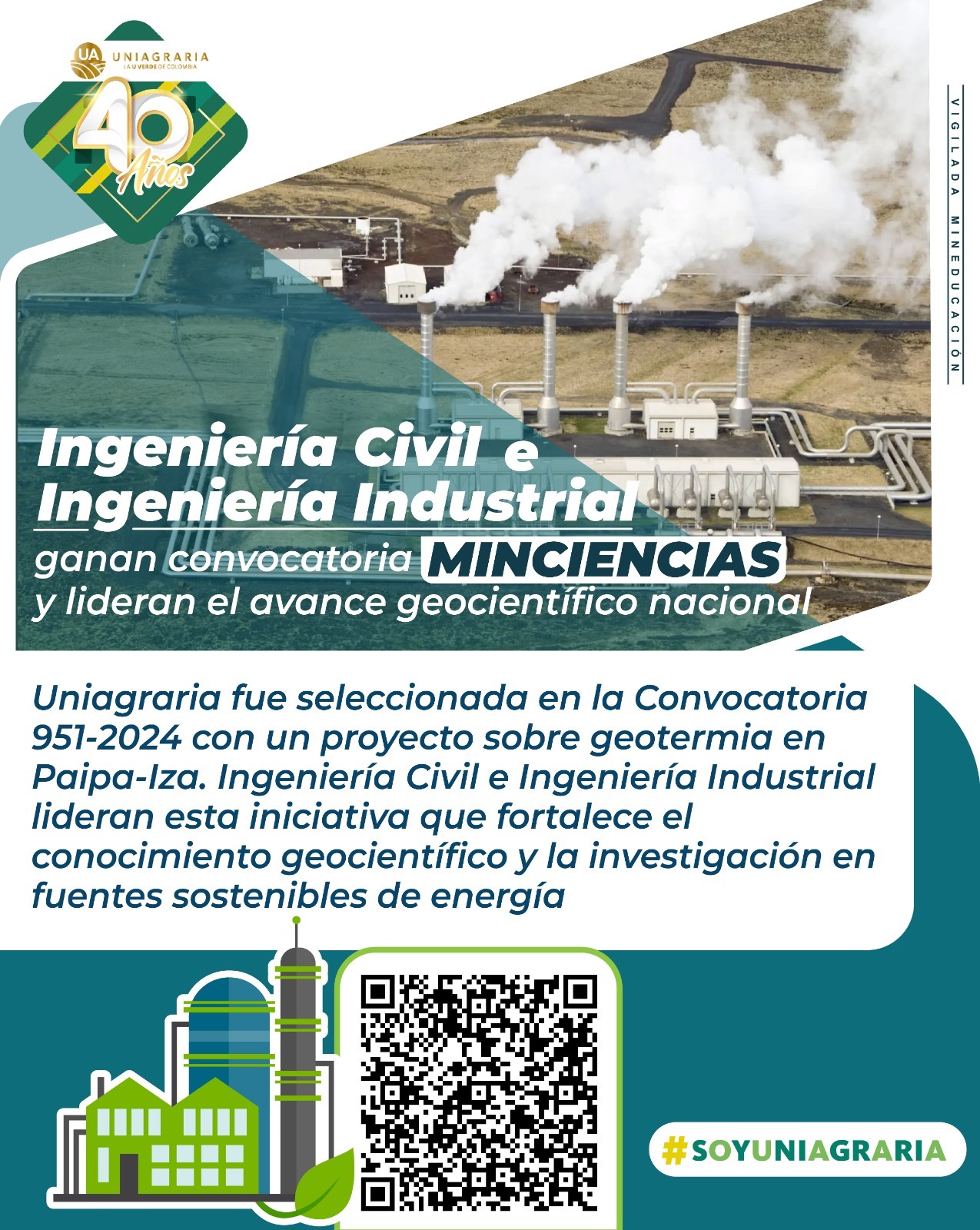 Uniagraria fue seleccionada en la Convocatoria 951-2024 con un proyecto de Ingeniería Civil e Ingeniería Industrial